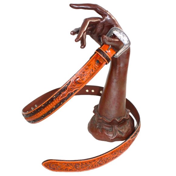 3D Hand Tooled Brown Leather & Silver Tone Western Person of Faith Belt,… - Picture 1 of 8